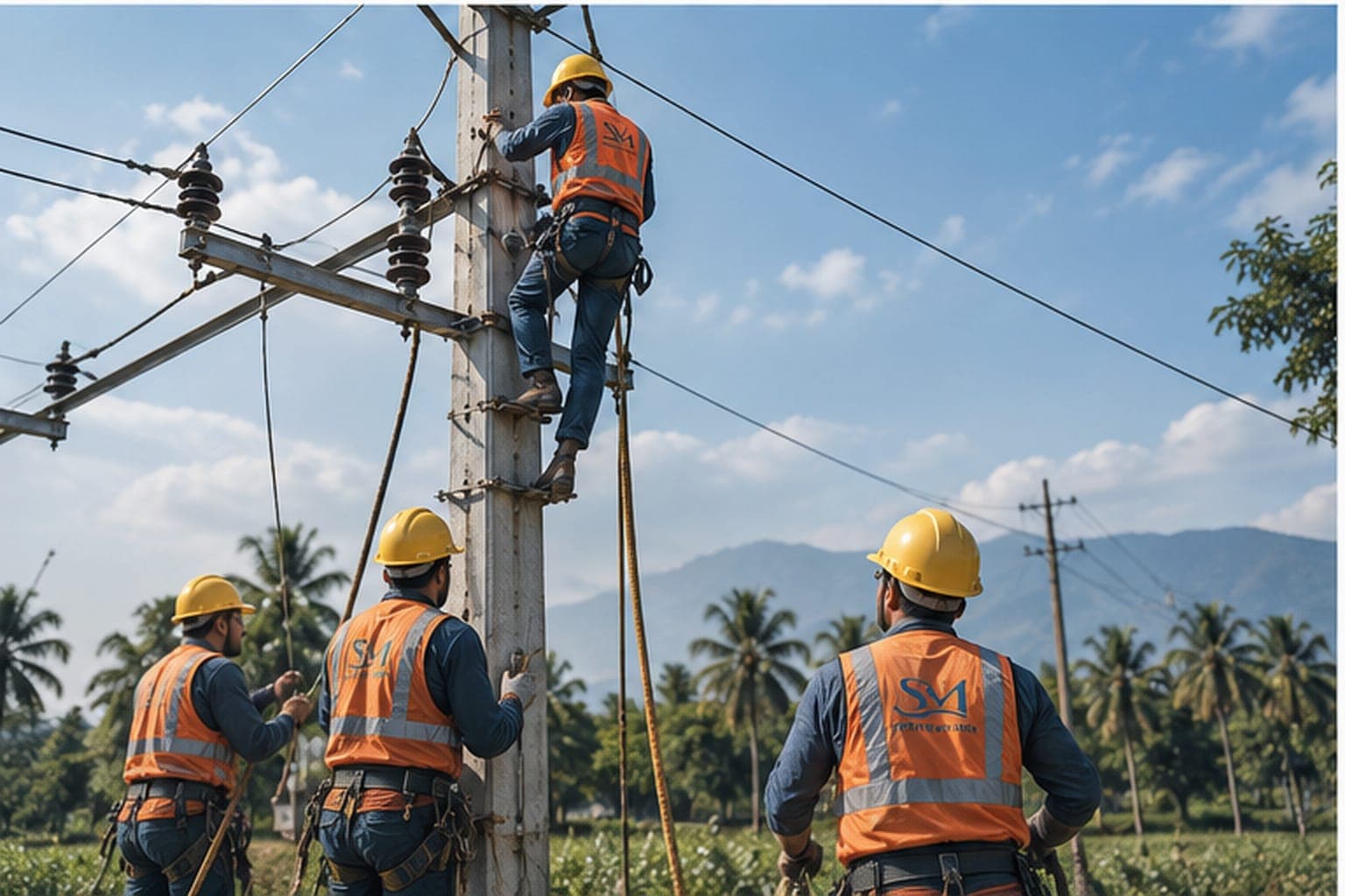 A Srimithra Construction crew erecting an 11 kV distribution pole, one lineman climbing to the cross-arms.
