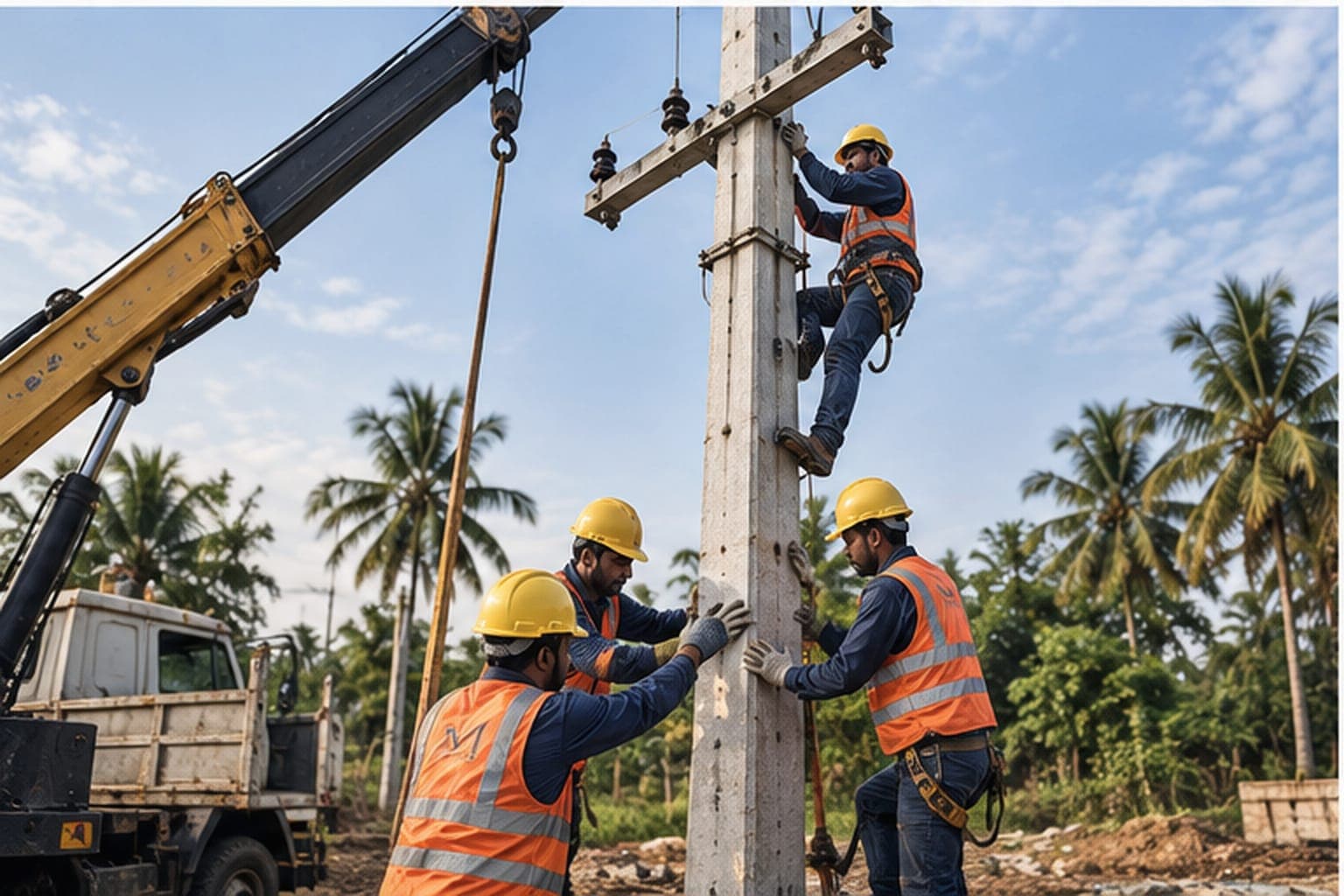 The erection crew setting a transformer structure with a boom truck.