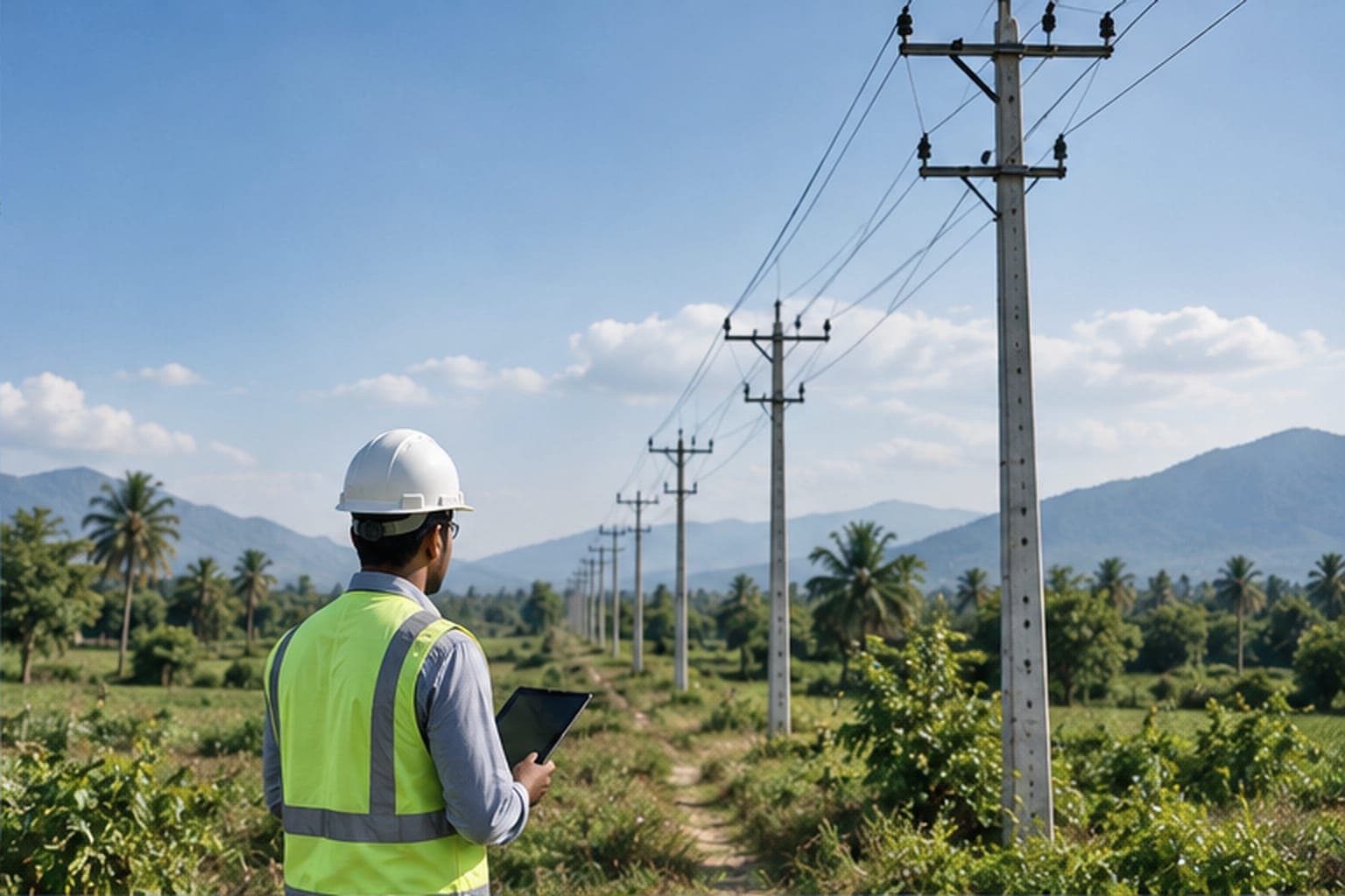 A Srimithra Construction engineer surveying the distribution line route on site.