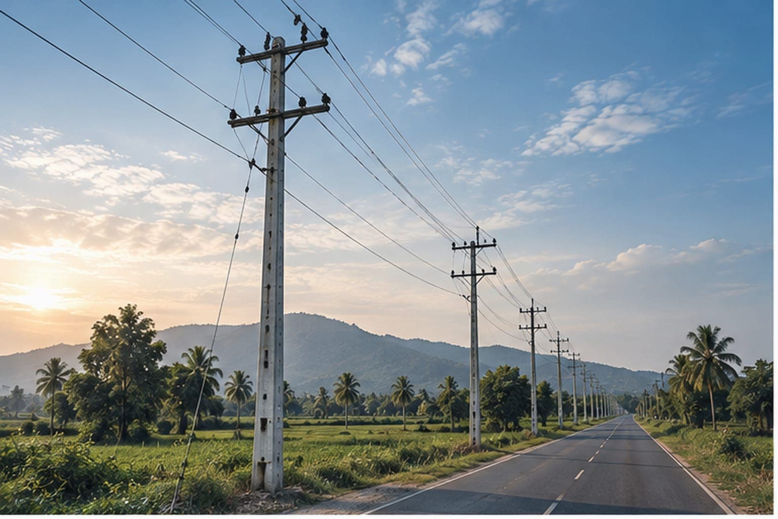 An 11 kV distribution line running out across open country at first light.